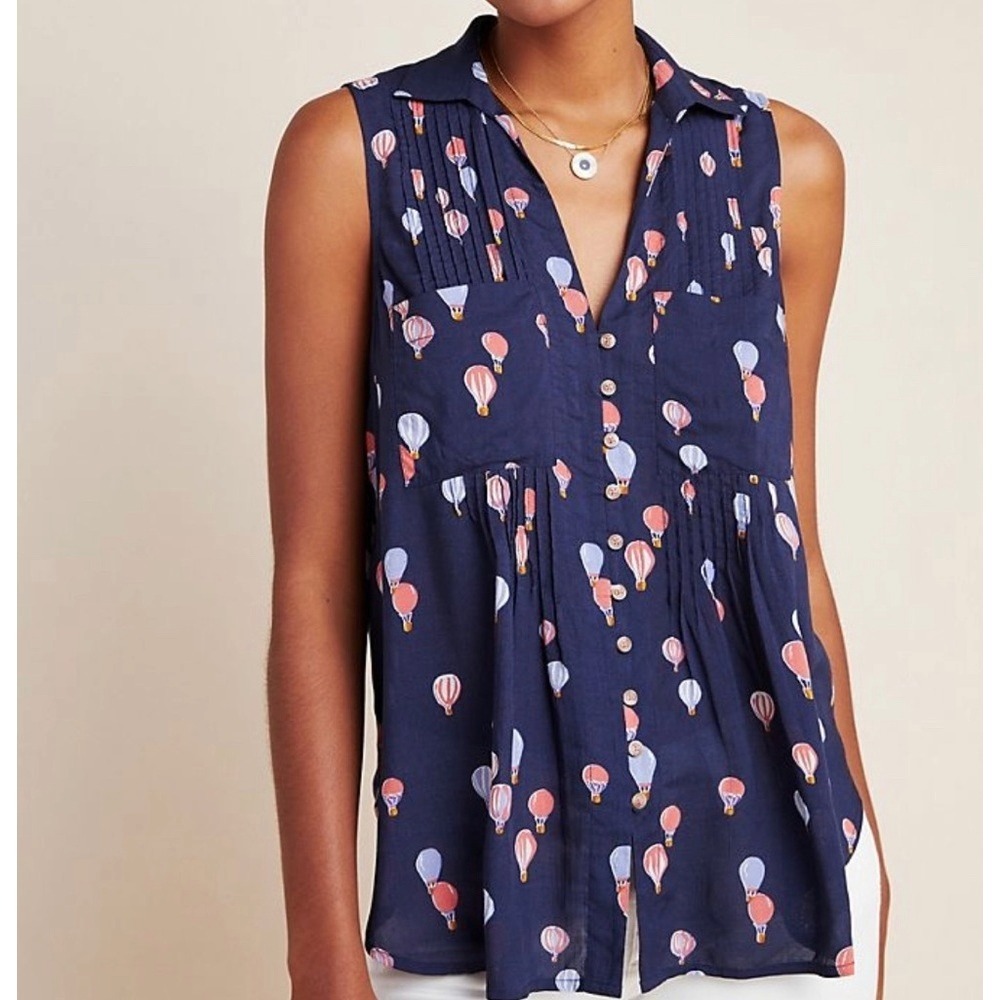 Maeve women M whimsical pintucked blouse hot air balloon print cottagecore chic
